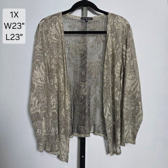 Marina Cardigan Plus Size 1X Gold Metallic Sheer Lace Open Knit Shrug Jacket USA - Picture 1 of 5